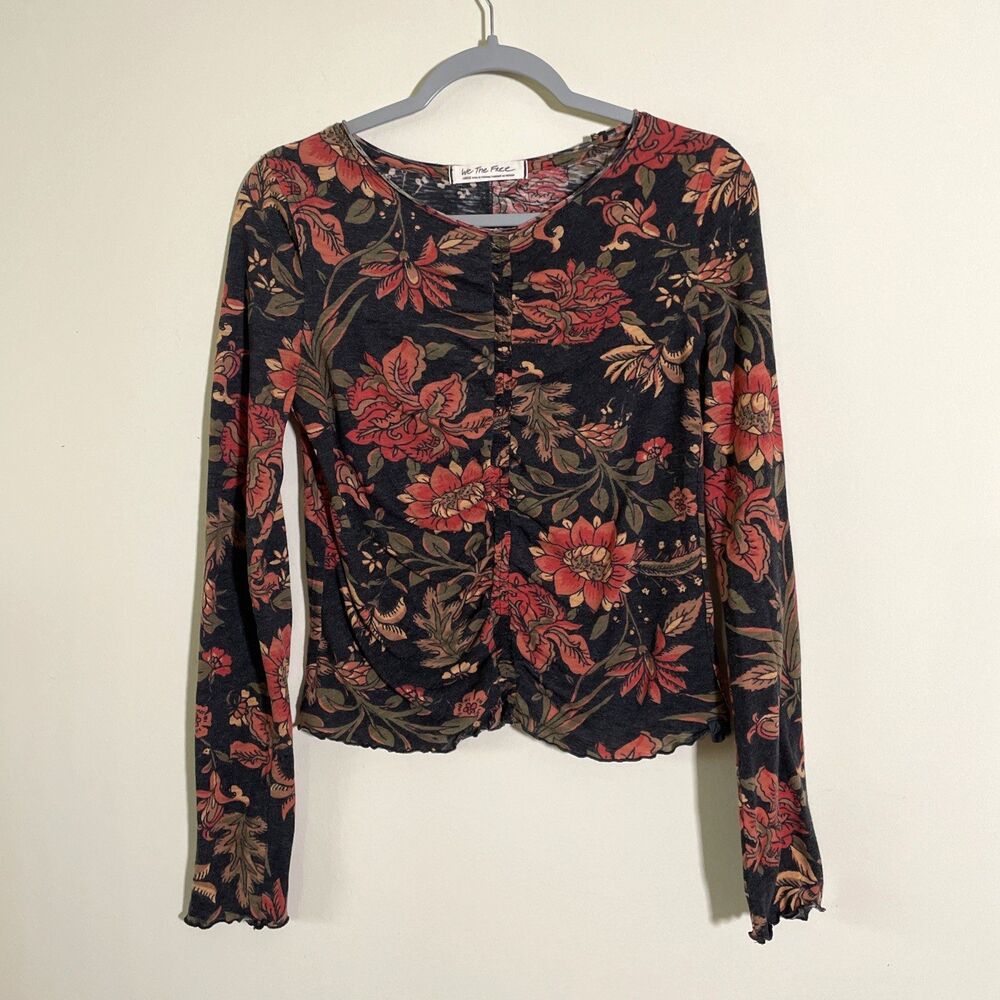 Free People Dreamed of You Charcoal Grey Floral Print Long Sleeve Top Large - Picture 2 of 8